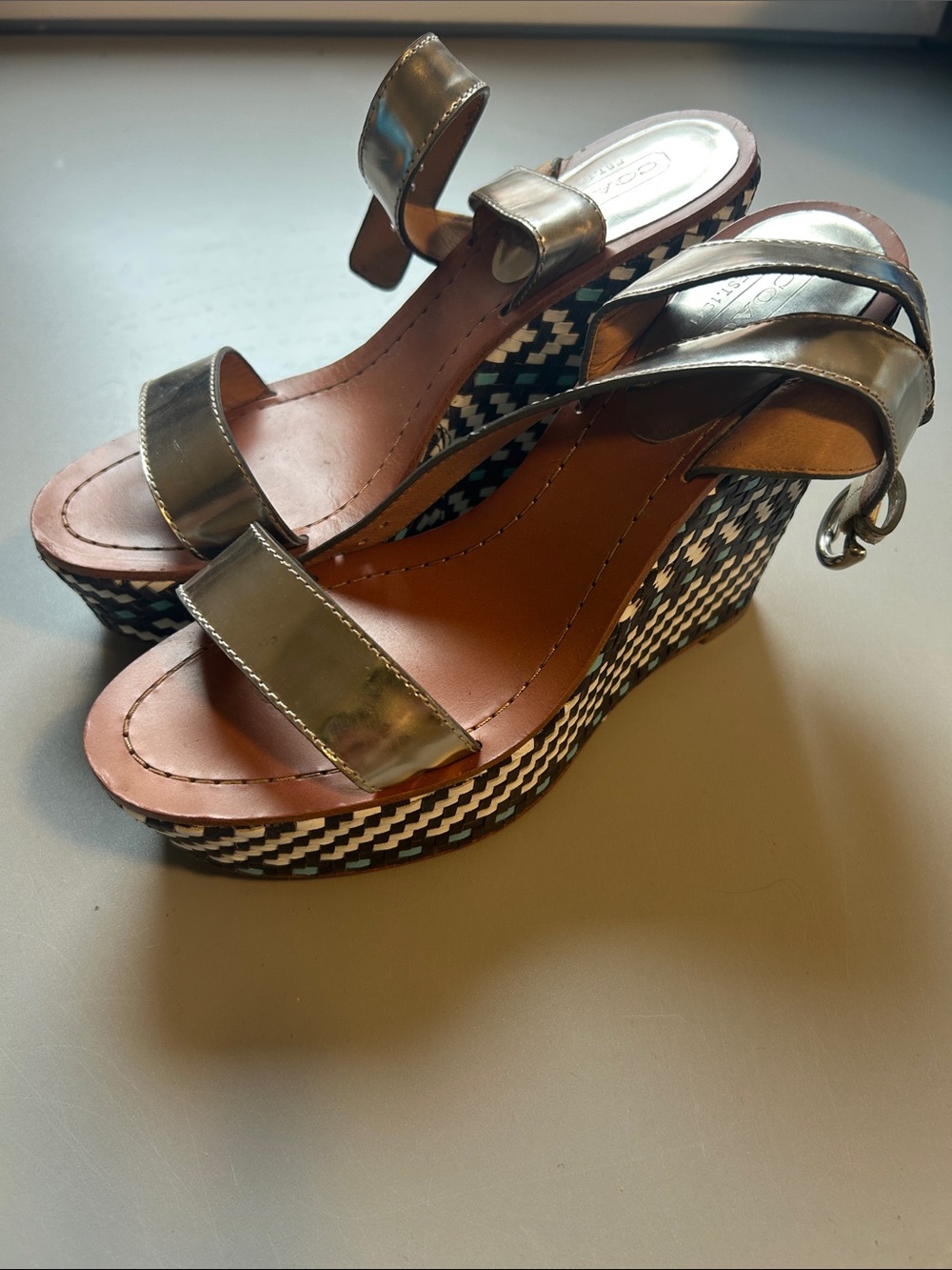 Metallic Silver Wedge Sandals with Patterned Platform - Women's